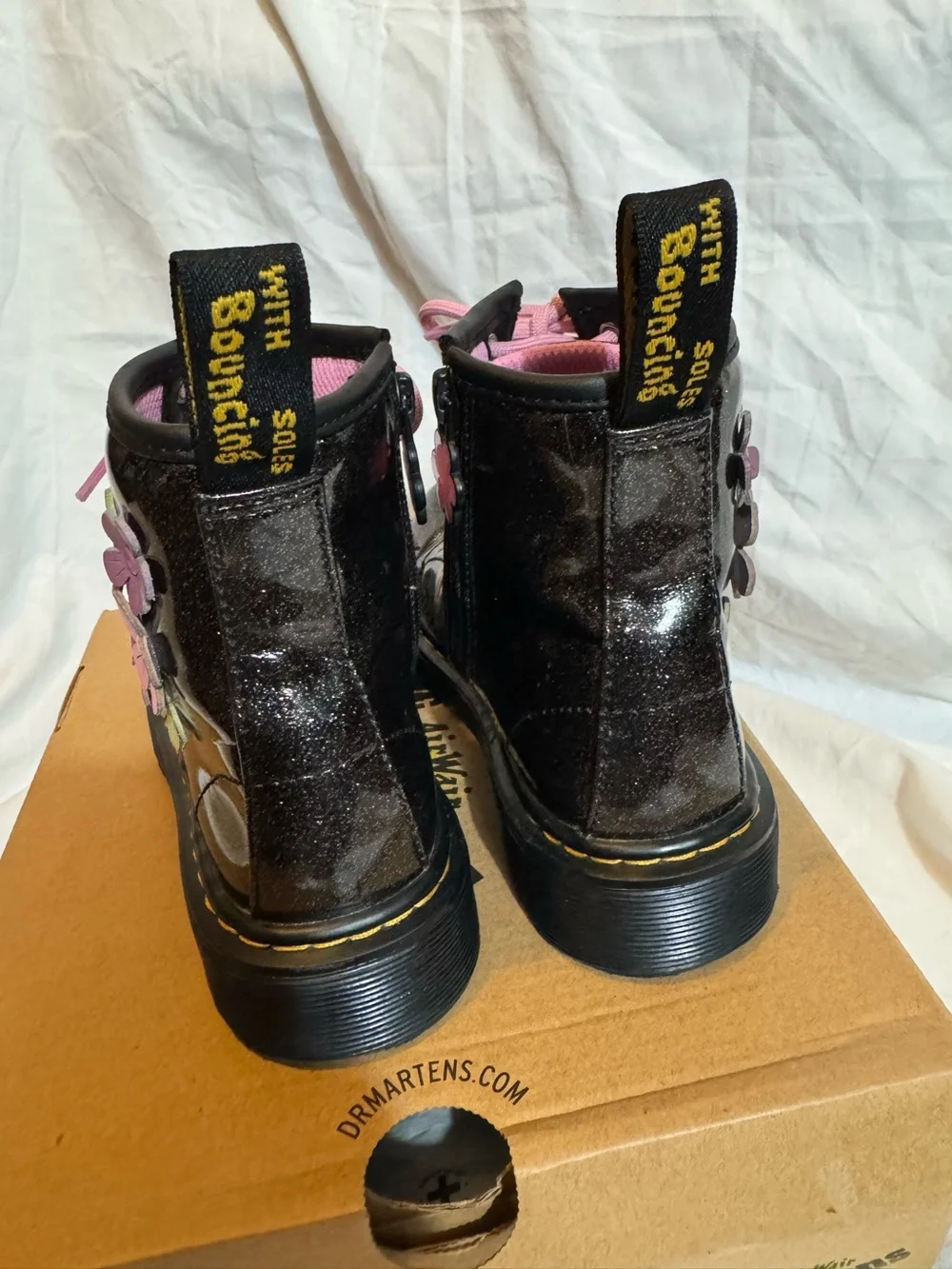 Dr. Martens Black Glitter Boots with Pink Laces and Floral Appliqués